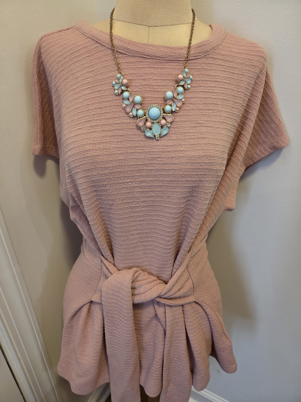Tahari Soft Pink Textured Tie-Front Top